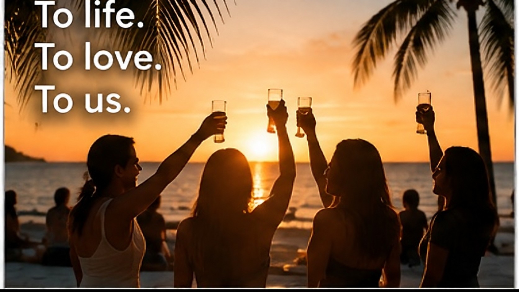 Friends celebrating at sunset — To life. To love. To us.
